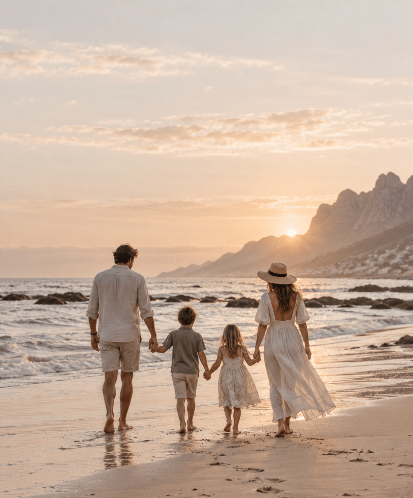Family walking together on a beach at sunset